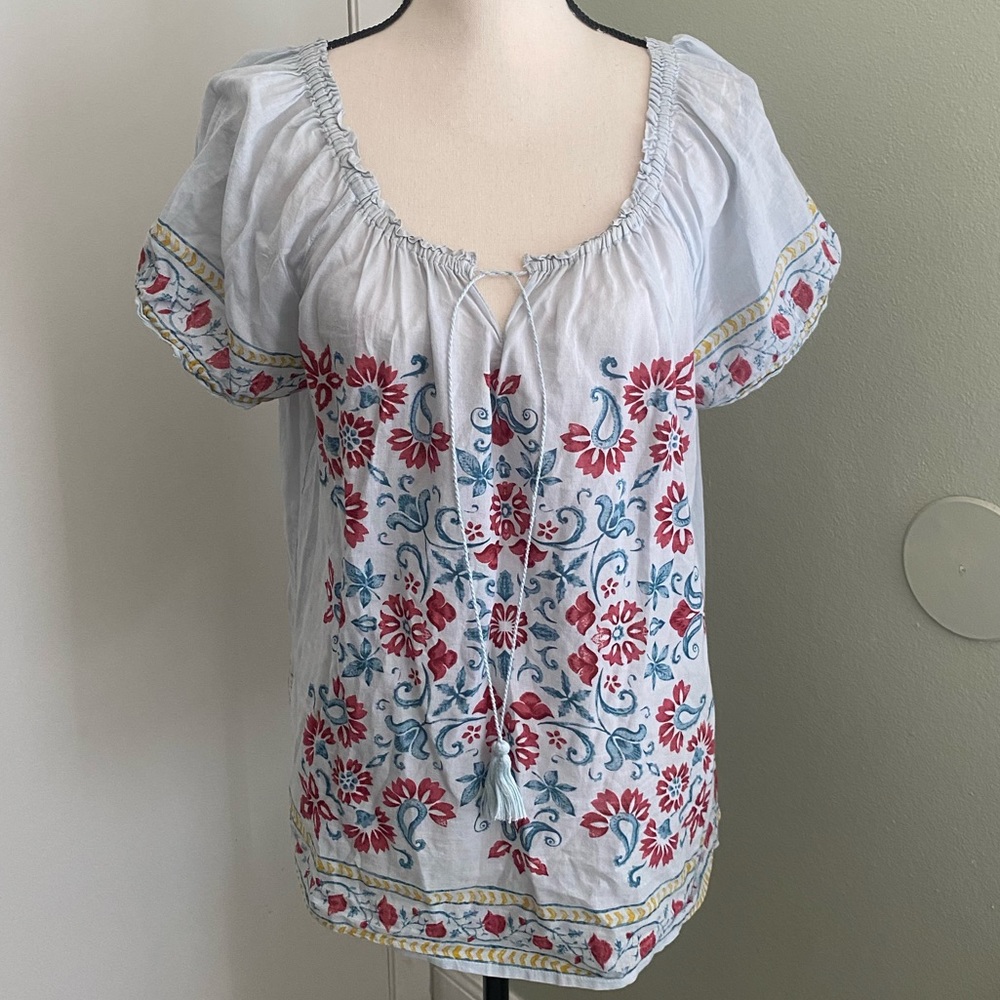 Lucky Brand Floral Tassle Peasant Style Top